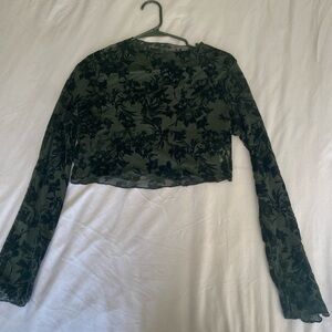 SHEIN Black Mesh Floral Long Sleeve Crop Top